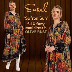 EASEL "Saffron Sun" Bohemian Patchwork Print Maxi Dress Loose Flowy Lightweight